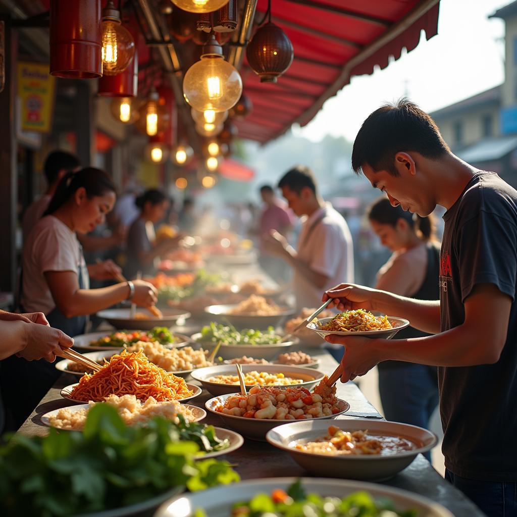 Cảnh quầy hàng ẩm thực đường phố tại chợ An Lạc Bình Tân với nhiều món ăn sáng, ăn vặt hấp dẫn, hương vị Sài Gòn.